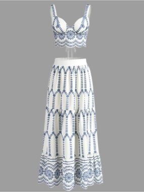 NWT Commense Maxi Skirt & Corset Back Crop Top 2 Piece Set Blue & White Size Sm